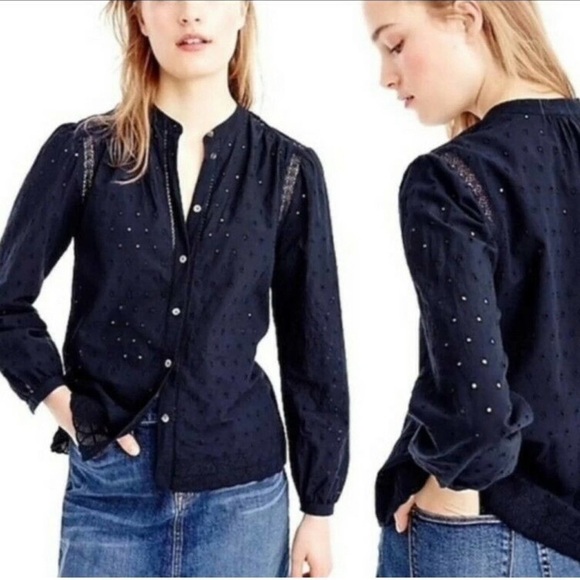 J. CREW Navy Blue Eyelet Button Up Blouse - Picture 1 of 6